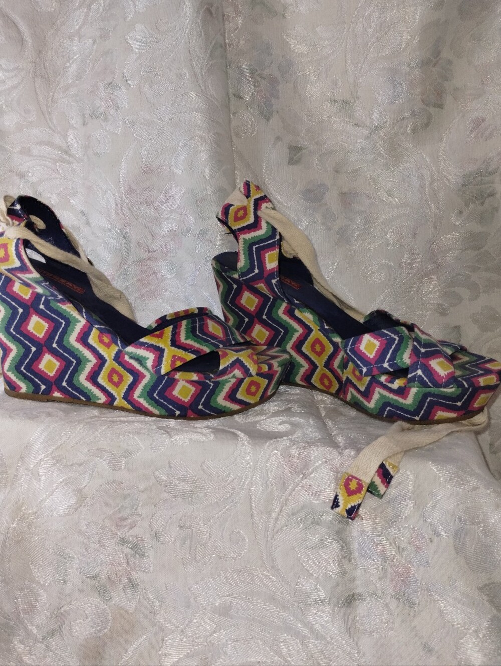 Unionbay PowderU Wedge Sandal 8M Multicolor Geometric Ikat Ankle Tie Boho Summer